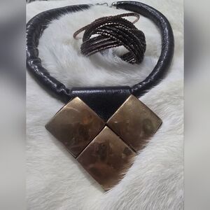 80's Leather And Brass Statement Necklace With Bangle And Beaded Cuff